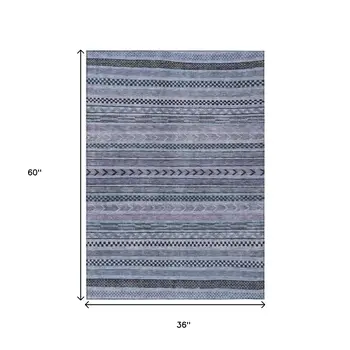3' X 5' Blue And Taupe Striped Washable Indoor Outdoor Area Rug