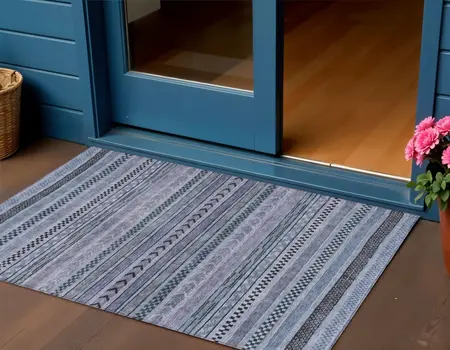 3' X 5' Blue And Taupe Striped Washable Indoor Outdoor Area Rug