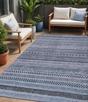5' X 8' Blue And Taupe Striped Washable Indoor Outdoor Area Rug