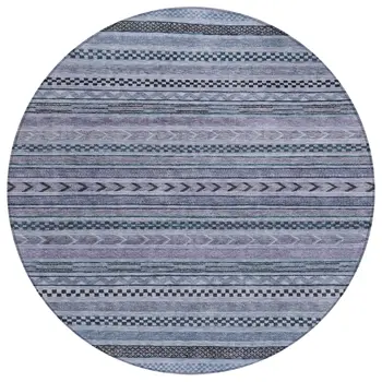 8' Blue And Taupe Round Striped Washable Indoor Outdoor Area Rug