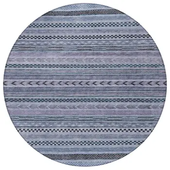 8' Blue And Taupe Round Striped Washable Indoor Outdoor Area Rug