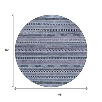 8' Blue And Taupe Round Striped Washable Indoor Outdoor Area Rug