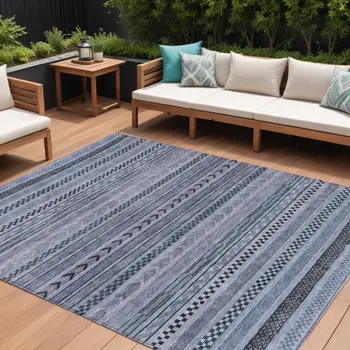 8' X 10' Blue And Taupe Striped Washable Indoor Outdoor Area Rug