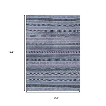 9' X 12' Blue And Taupe Striped Washable Indoor Outdoor Area Rug