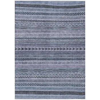 10' X 14' Blue And Taupe Striped Washable Indoor Outdoor Area Rug