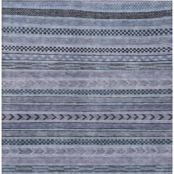 10' X 14' Blue And Taupe Striped Washable Indoor Outdoor Area Rug