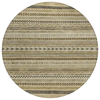 8' Chocolate And Taupe Round Striped Washable Indoor Outdoor Area Rug