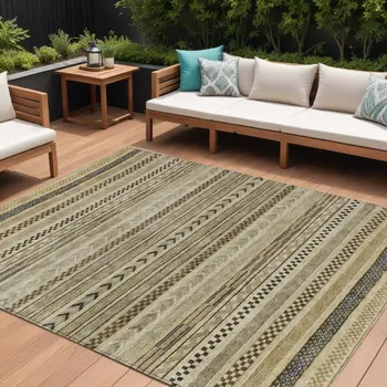 9' X 12' Chocolate And Taupe Striped Washable Indoor Outdoor Area Rug
