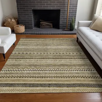 10' X 14' Chocolate And Taupe Striped Washable Indoor Outdoor Area Rug