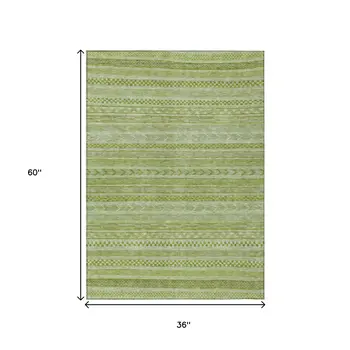 3' X 5' Fern Green And Sage Striped Washable Indoor Outdoor Area Rug