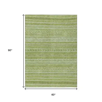 5' X 8' Fern Green And Sage Striped Washable Indoor Outdoor Area Rug