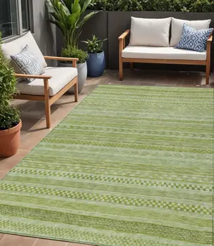 5' X 8' Fern Green And Sage Striped Washable Indoor Outdoor Area Rug