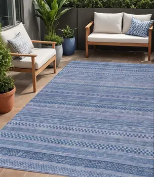 5' X 8' Denim Blue And Sky Blue Striped Washable Indoor Outdoor Area Rug