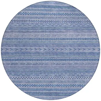 8' Denim Blue And Sky Blue Round Striped Washable Indoor Outdoor Area Rug