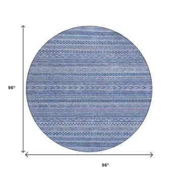8' Denim Blue And Sky Blue Round Striped Washable Indoor Outdoor Area Rug