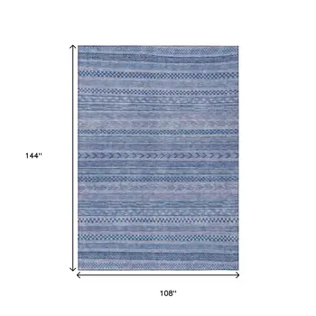 9' X 12' Denim Blue And Sky Blue Striped Washable Indoor Outdoor Area Rug