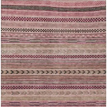 3' X 5' Pink And Taupe Striped Washable Indoor Outdoor Area Rug