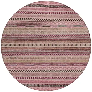 8' Pink And Taupe Round Striped Washable Indoor Outdoor Area Rug