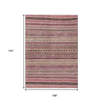 9' X 12' Pink And Taupe Striped Washable Indoor Outdoor Area Rug