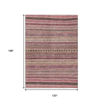 10' X 14' Pink And Taupe Striped Washable Indoor Outdoor Area Rug