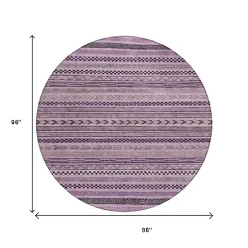 8' Plum And Lilac Round Striped Washable Indoor Outdoor Area Rug