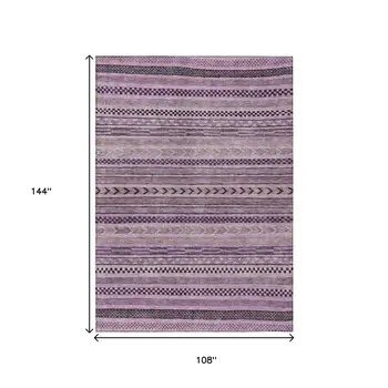 9' X 12' Plum And Lilac Striped Washable Indoor Outdoor Area Rug