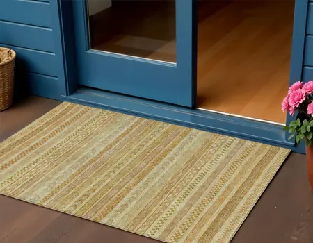 3' X 5' Salmon And Gold Striped Washable Indoor Outdoor Area Rug