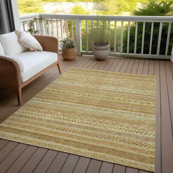 8' X 10' Salmon And Gold Striped Washable Indoor Outdoor Area Rug
