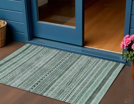 3' X 5' Teal Blue And Gray Striped Washable Indoor Outdoor Area Rug