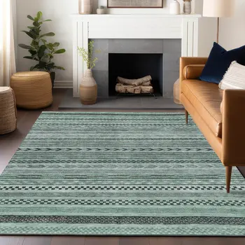 3' X 5' Teal Blue And Gray Striped Washable Indoor Outdoor Area Rug