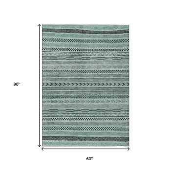 5' X 8' Teal Blue And Gray Striped Washable Indoor Outdoor Area Rug
