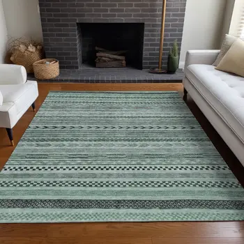 5' X 8' Teal Blue And Gray Striped Washable Indoor Outdoor Area Rug