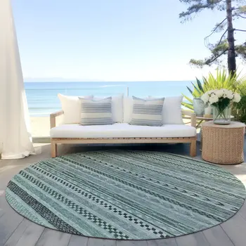 8' Teal Blue And Gray Round Striped Washable Indoor Outdoor Area Rug