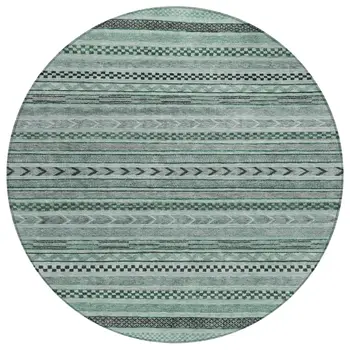 8' Teal Blue And Gray Round Striped Washable Indoor Outdoor Area Rug