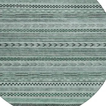 8' Teal Blue And Gray Round Striped Washable Indoor Outdoor Area Rug