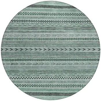 8' Teal Blue And Gray Round Striped Washable Indoor Outdoor Area Rug