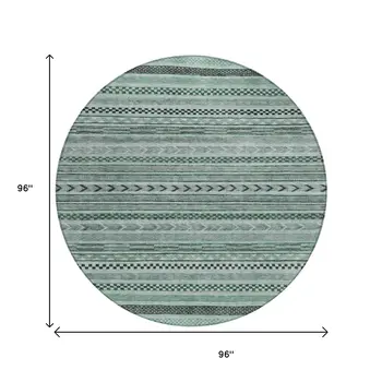 8' Teal Blue And Gray Round Striped Washable Indoor Outdoor Area Rug
