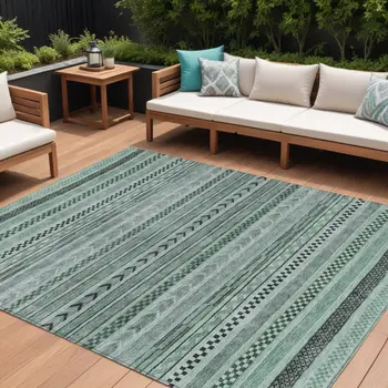 8' X 10' Teal Blue And Gray Striped Washable Indoor Outdoor Area Rug
