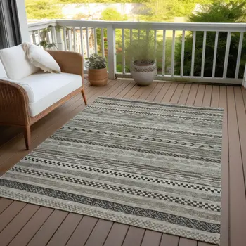 3' X 5' Taupe And Brown Striped Washable Indoor Outdoor Area Rug