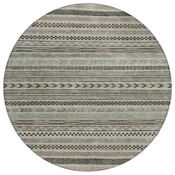 8' Taupe And Brown Round Striped Washable Indoor Outdoor Area Rug