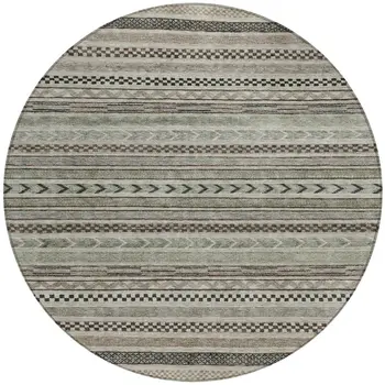 8' Taupe And Brown Round Striped Washable Indoor Outdoor Area Rug