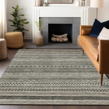 10' X 14' Taupe And Brown Striped Washable Indoor Outdoor Area Rug