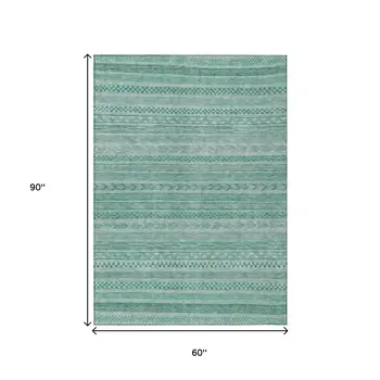 5' X 8' Turquoise And Aqua Striped Washable Indoor Outdoor Area Rug