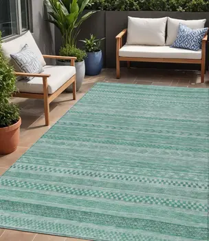 5' X 8' Turquoise And Aqua Striped Washable Indoor Outdoor Area Rug