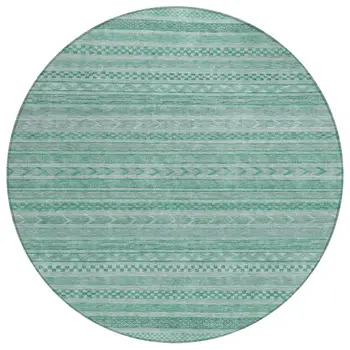 8' Turquoise And Aqua Round Striped Washable Indoor Outdoor Area Rug