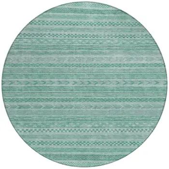8' Turquoise And Aqua Round Striped Washable Indoor Outdoor Area Rug