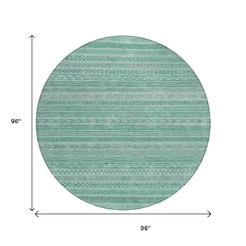 8' Turquoise And Aqua Round Striped Washable Indoor Outdoor Area Rug