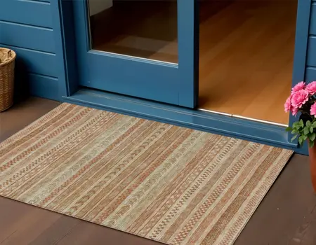 3' X 5' Terra Cotta And Rust Striped Washable Indoor Outdoor Area Rug