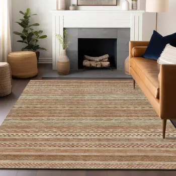 3' X 5' Terra Cotta And Rust Striped Washable Indoor Outdoor Area Rug