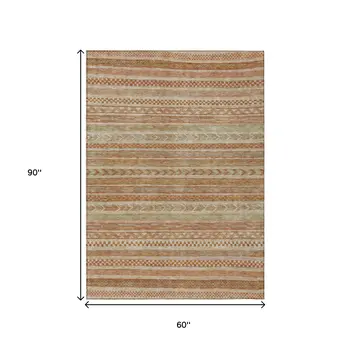 5' X 8' Terra Cotta And Rust Striped Washable Indoor Outdoor Area Rug